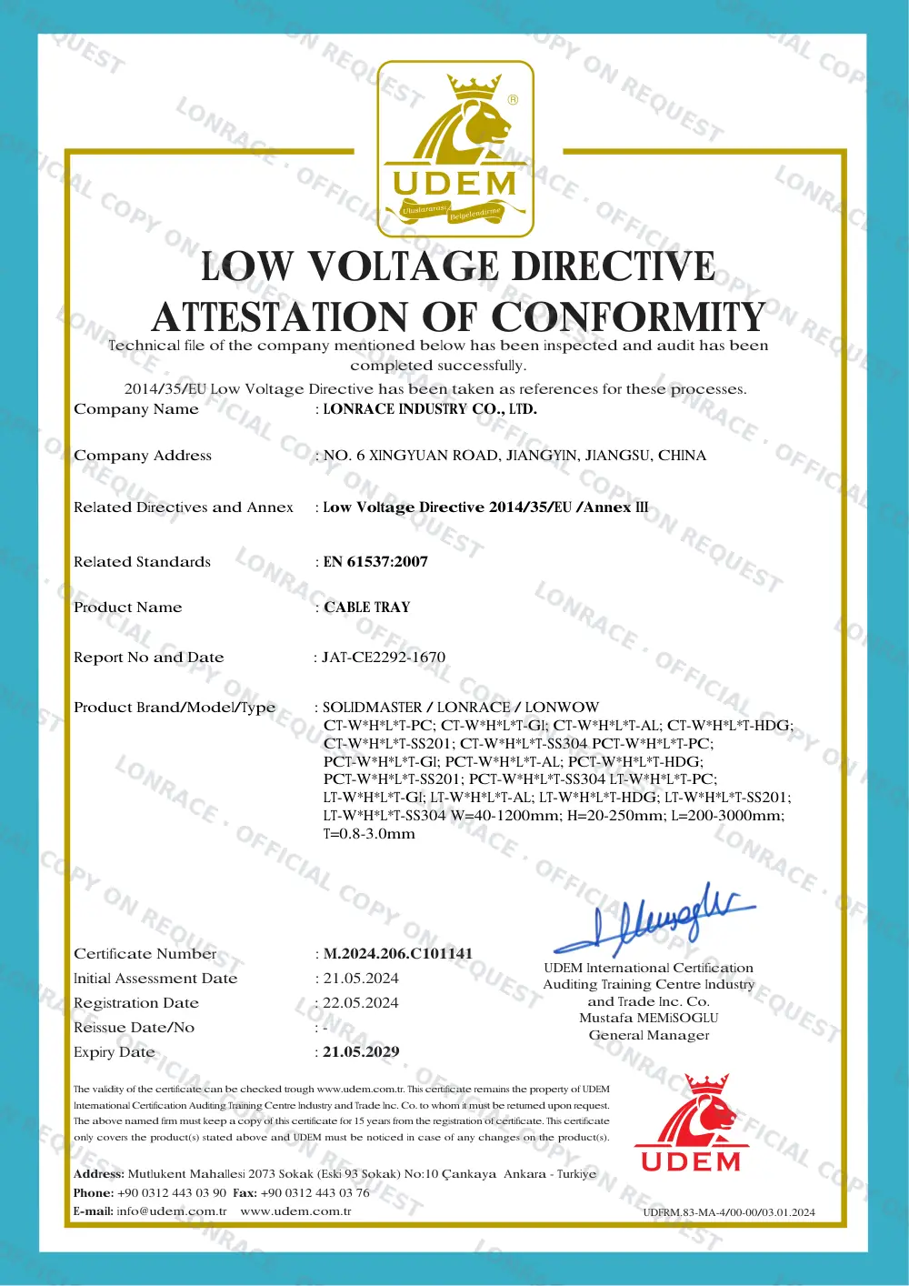 EN 61537 Attestation of Conformity