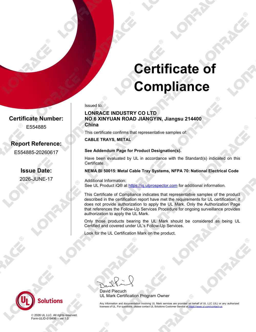UL Certificate of Compliance
