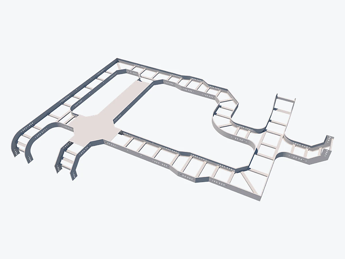 Assembled cable ladder run with bends, tees, reducer and cross fittings