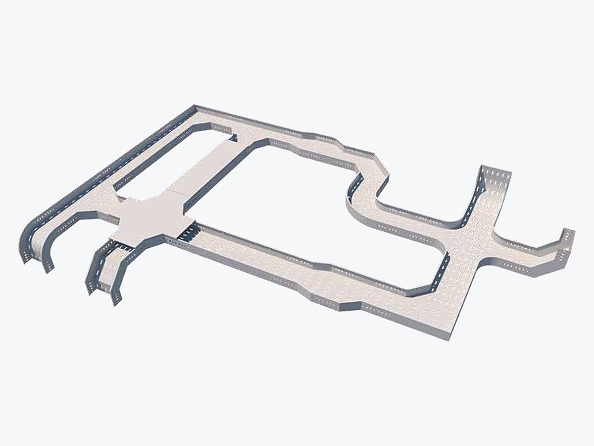 Assembled perforated cable tray run with bends, tees, cross and reducer fittings