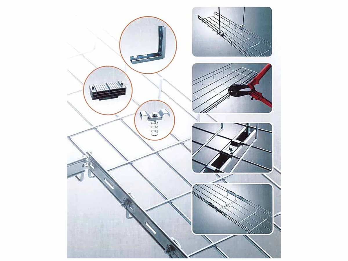 Wire mesh tray couplers, wall brackets and fixings shown on an installed run
